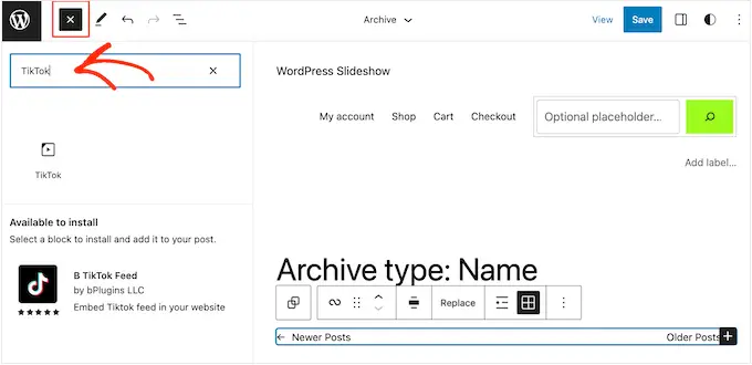 将 TikTok 块添加到 WordPress 网站模板