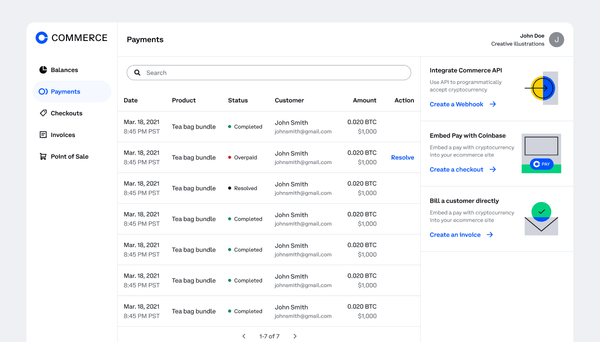 Tablero Coinbase de pagos criptográficos de WooCommerce