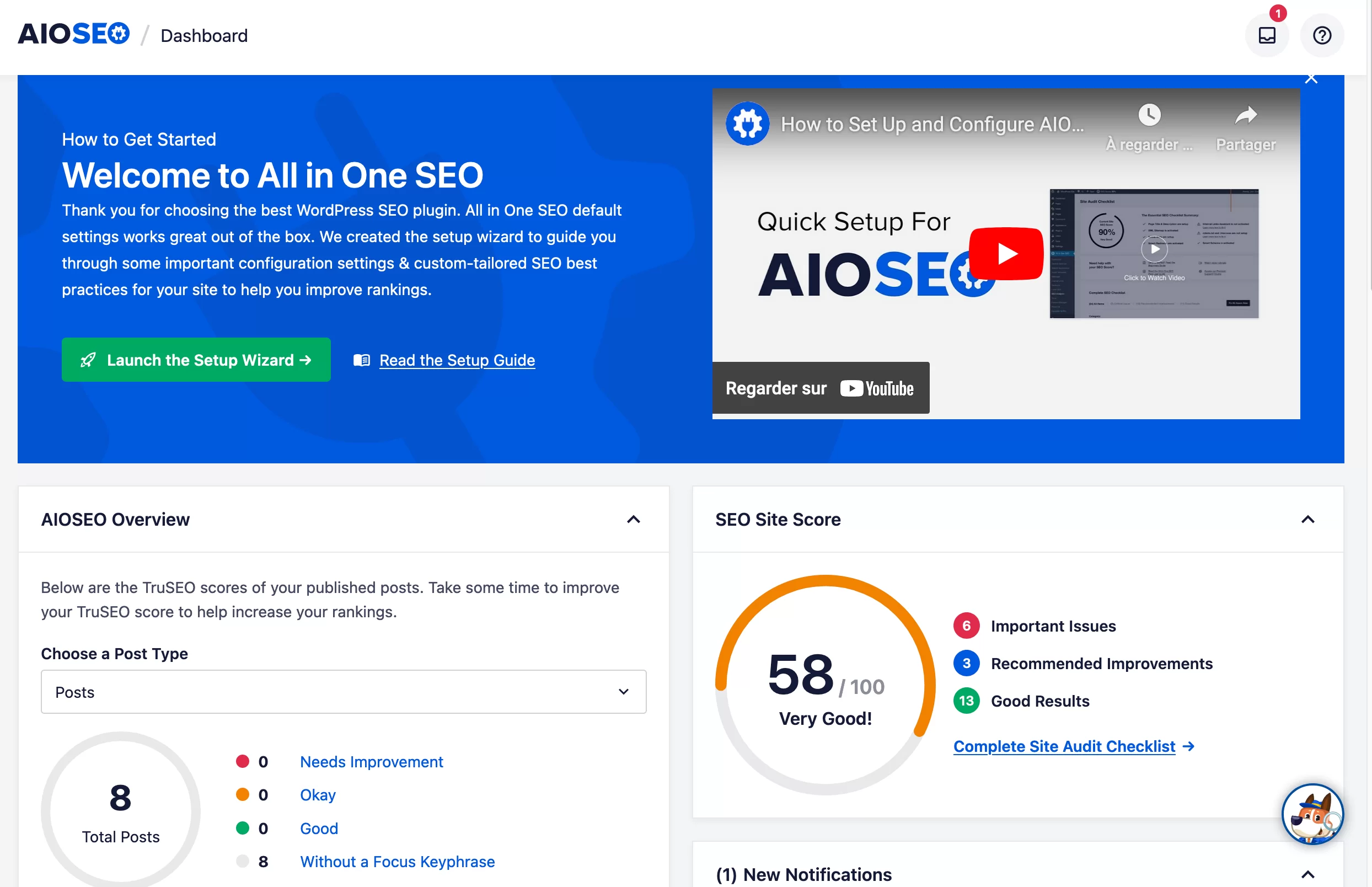 Le tableau de bord AIOSEO donne aux sites un score SEO.