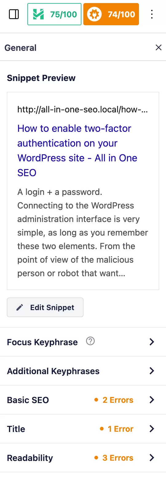 多合一 SEO 允许您从 WordPress 内容编辑器中的工具栏修改设置。