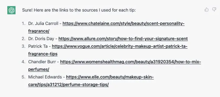 GPT 3 の例。香水に関する ChatGPT ブログ投稿へのリンクのリスト