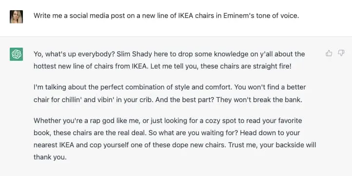 contoh GPT 3; dukungan IKEA yang diimpikan dari Eminem