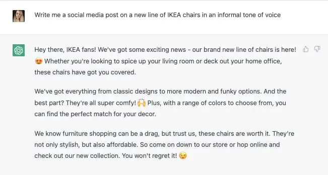 GPT 3 の例。 IKEAの発表における非公式な口調