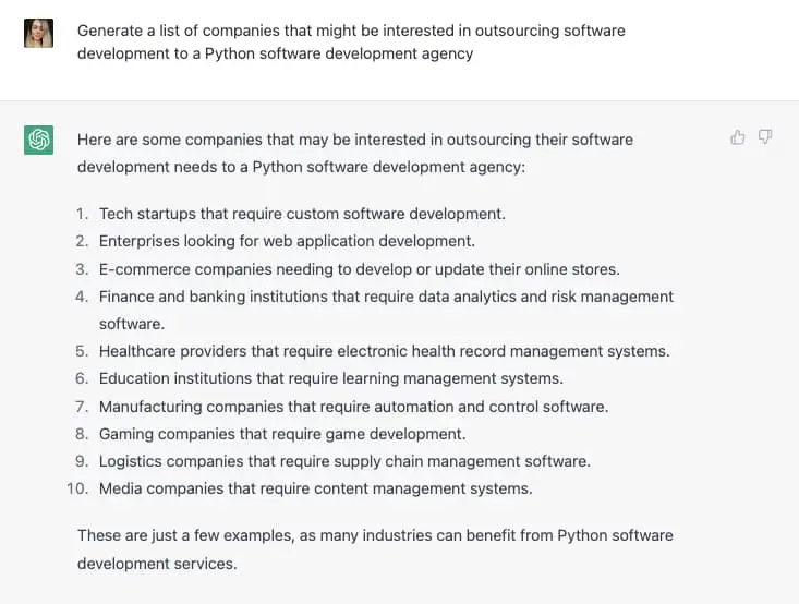 GPT 3 の例。 Python ソフトウェア代理店のクライアントのリストを生成する