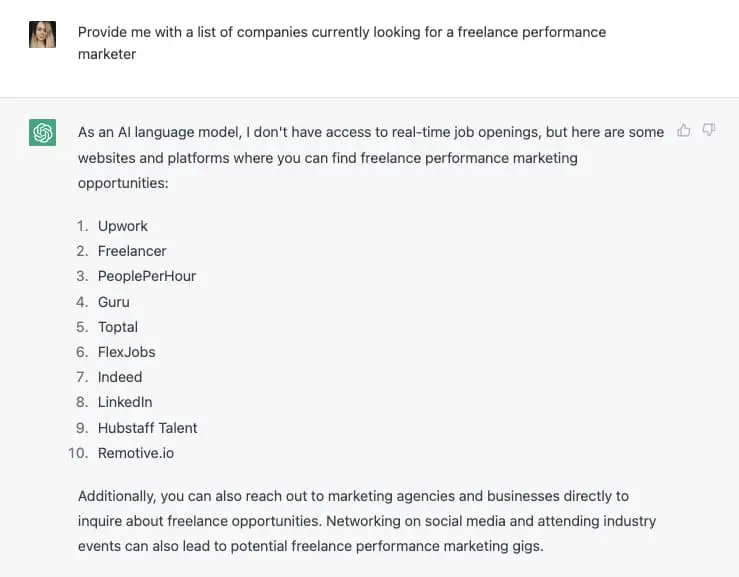 esempi ChatGPT; forniscimi un elenco di aziende che cercano un performance marketer freelance.