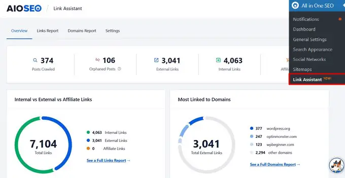 AIOSEO Link assistant dashboard
