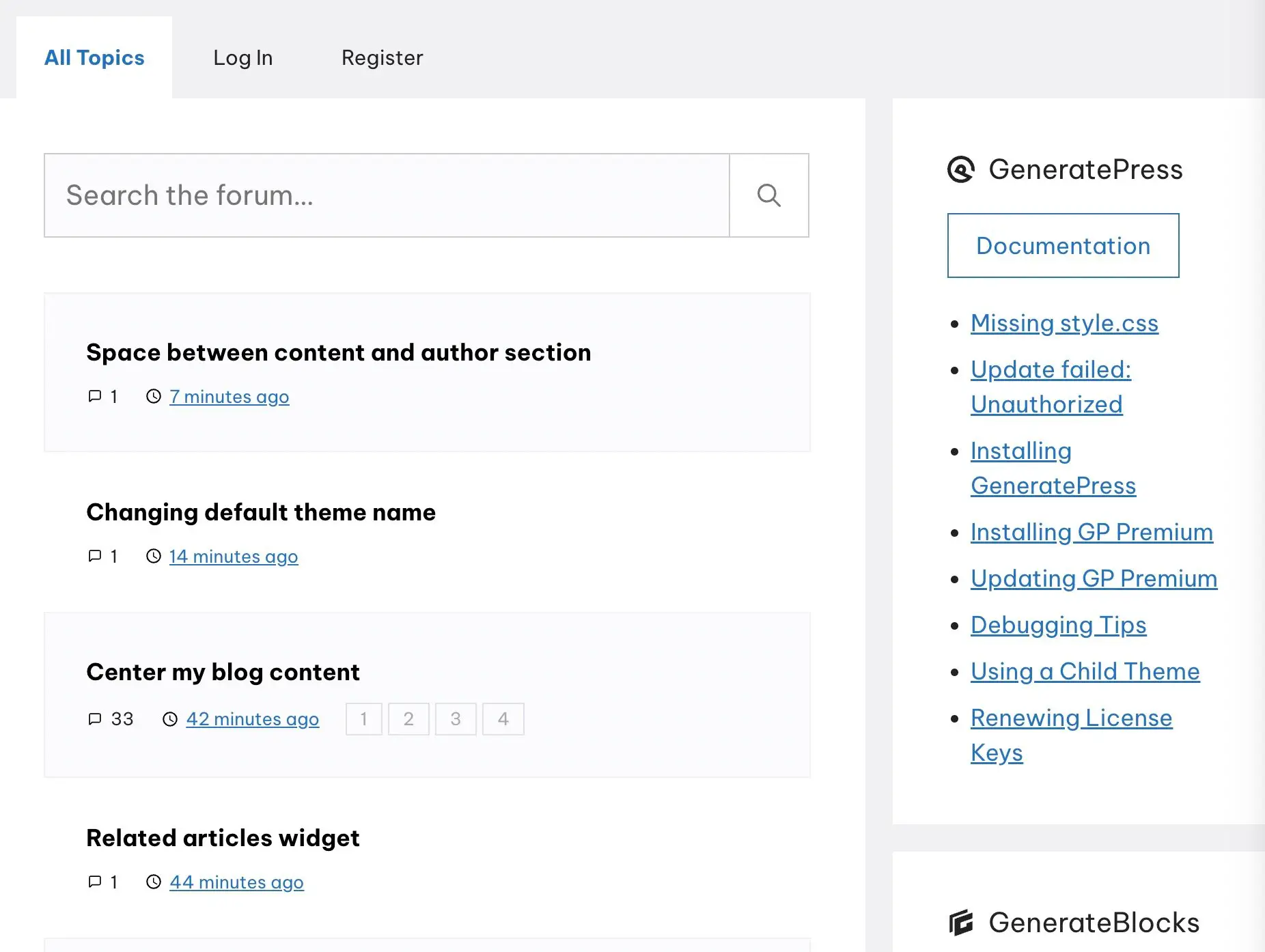 Options de prise en charge de GeneratePress.