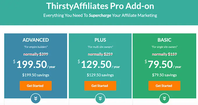 La page de tarification des affiliés ThirstyAffiliates