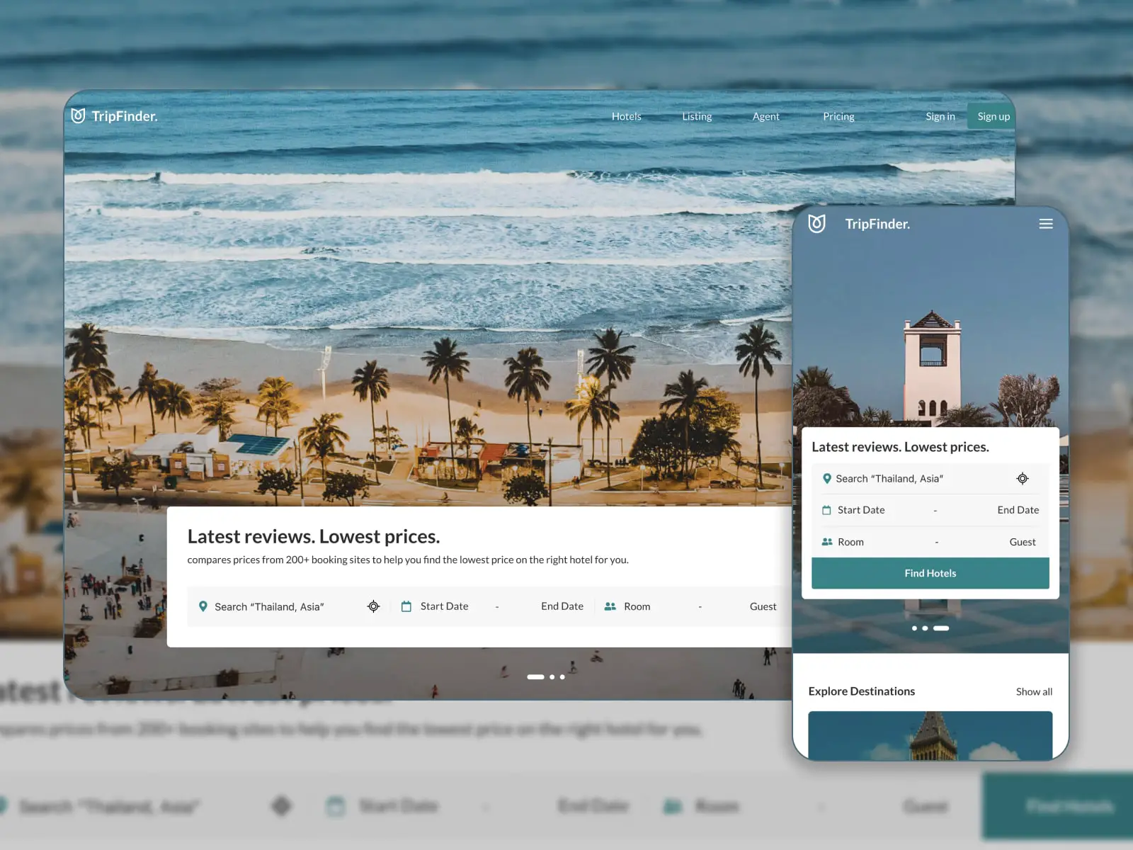 صورة مجمعة لنموذج عقار تأجير TripFinder لموقع بألوان زرقاء وبيضاء وصفراء.