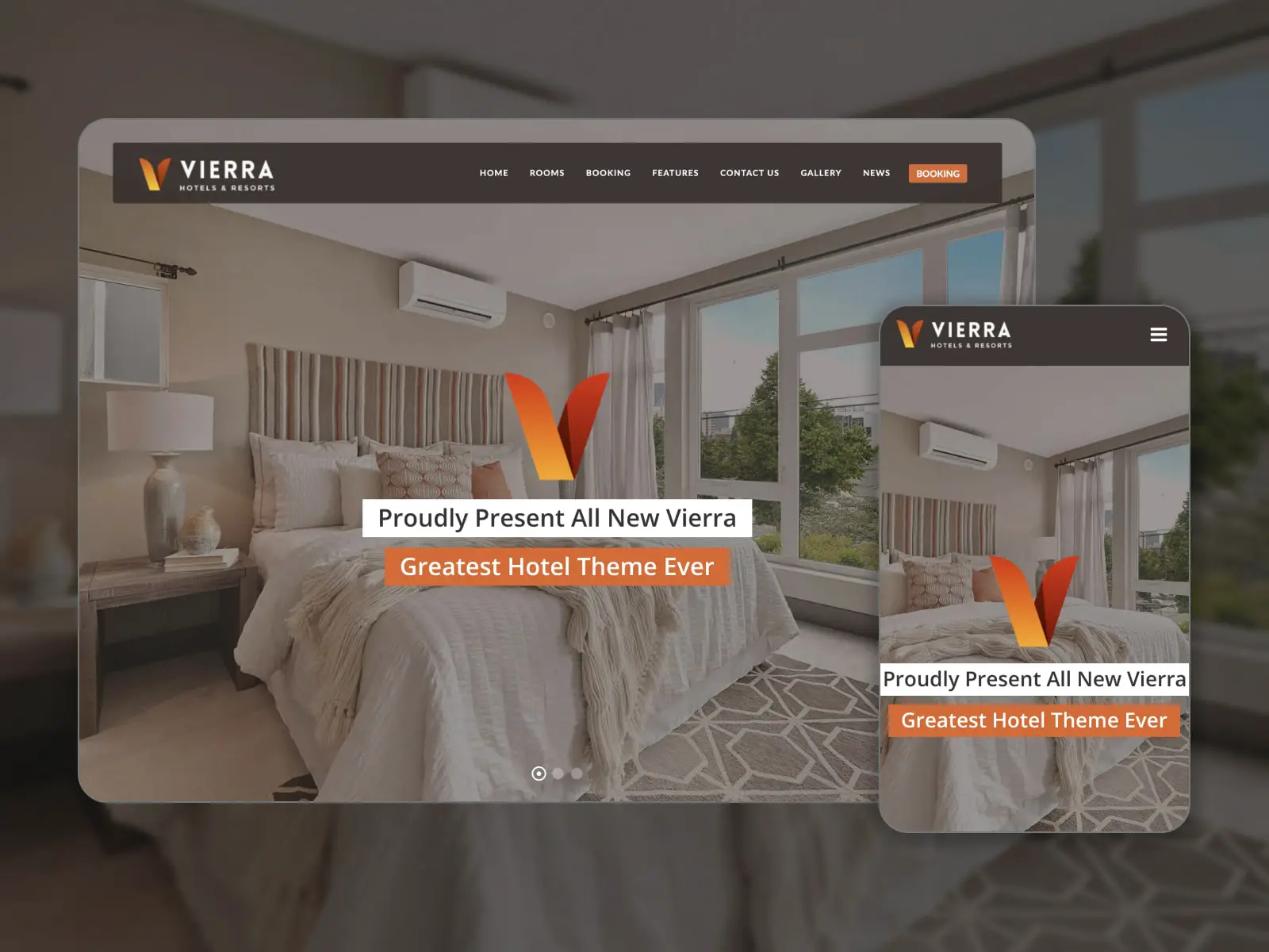 Vierra WordPress 公寓预订主题演示网站的灰色、米色和橙色拼贴画。