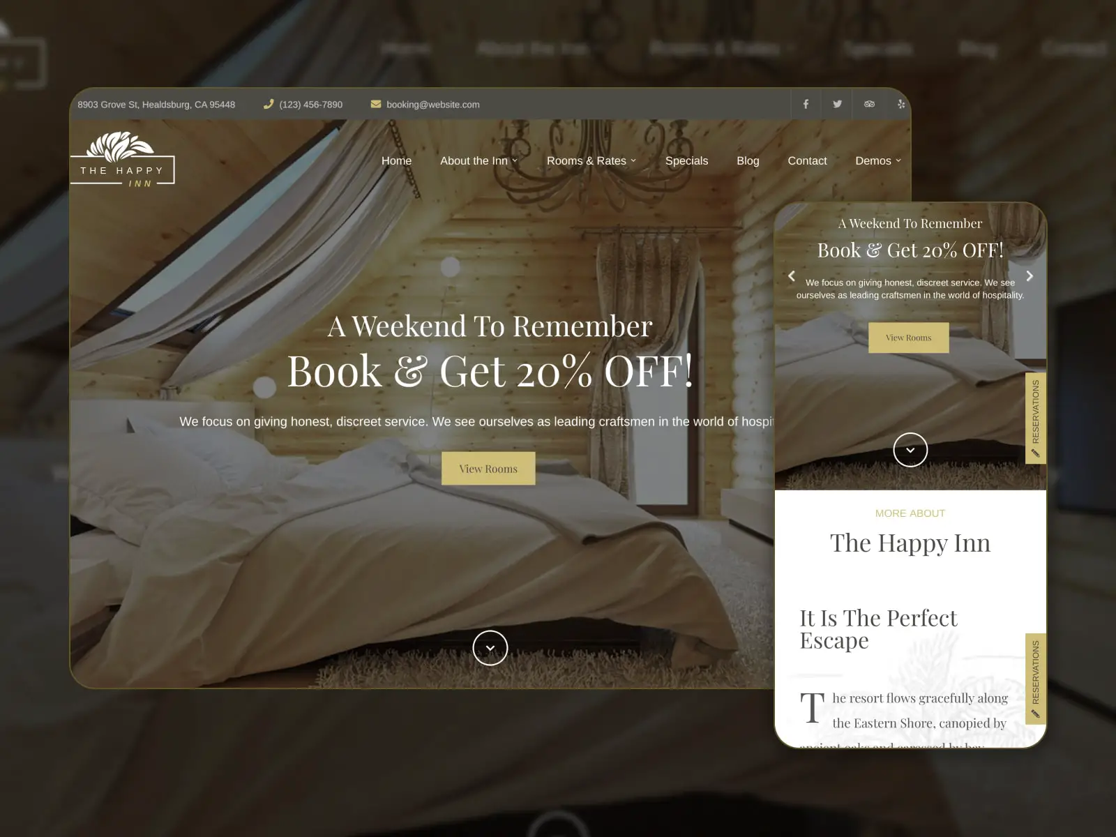 Collage of The Happy Inn apartment WordPress theme لمواقع الويب باللون البني والبيج والأصفر.