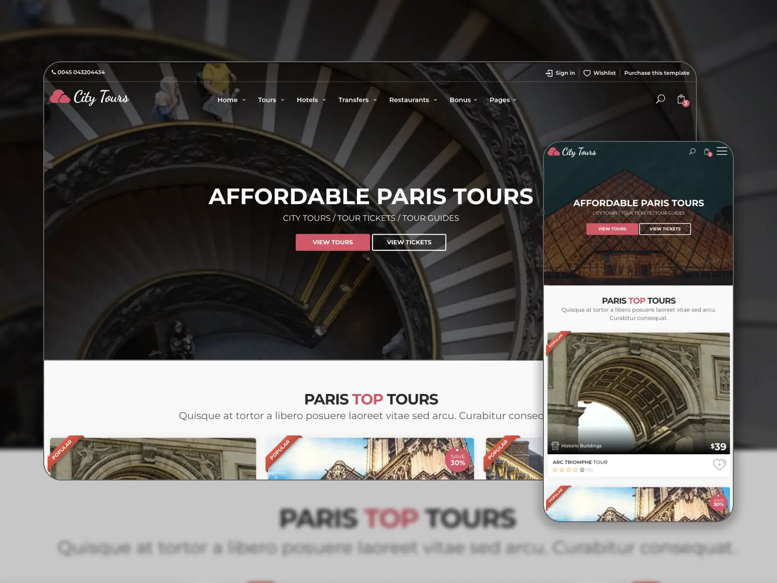 Collage du site de démonstration du modèle HTML de voyage et de location CityTours dans les couleurs marron foncé, blanc et rouge.