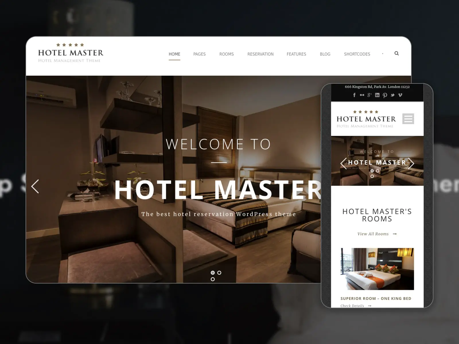 Collage of the Hotel Master WordPress قالب الحجز لمواقع الويب باللونين البني والأبيض.