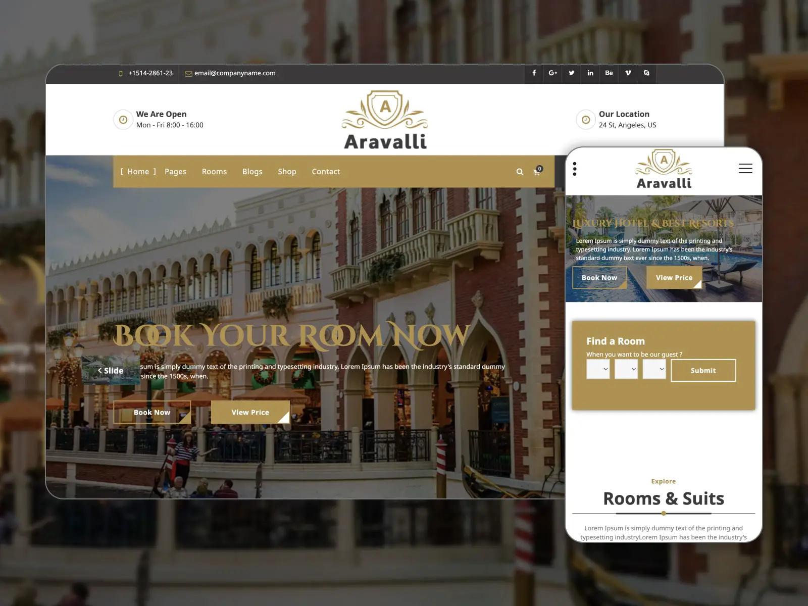 茶色と白の WordPress ウェブサイト用の Aravalli 無料テーマのデモ ページのコラージュ。