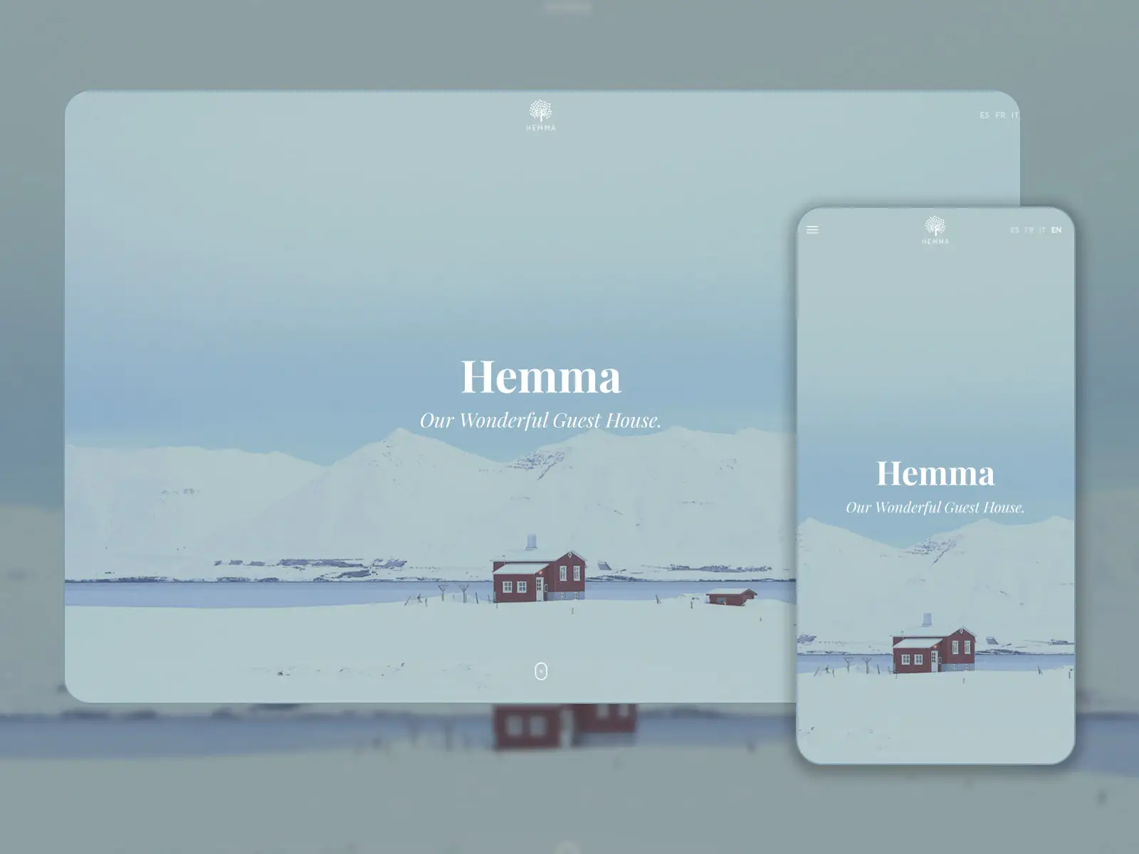 青と白の最高の WordPress ウェブサイト用の Hemma アパートメント予約テーマのコラージュ。