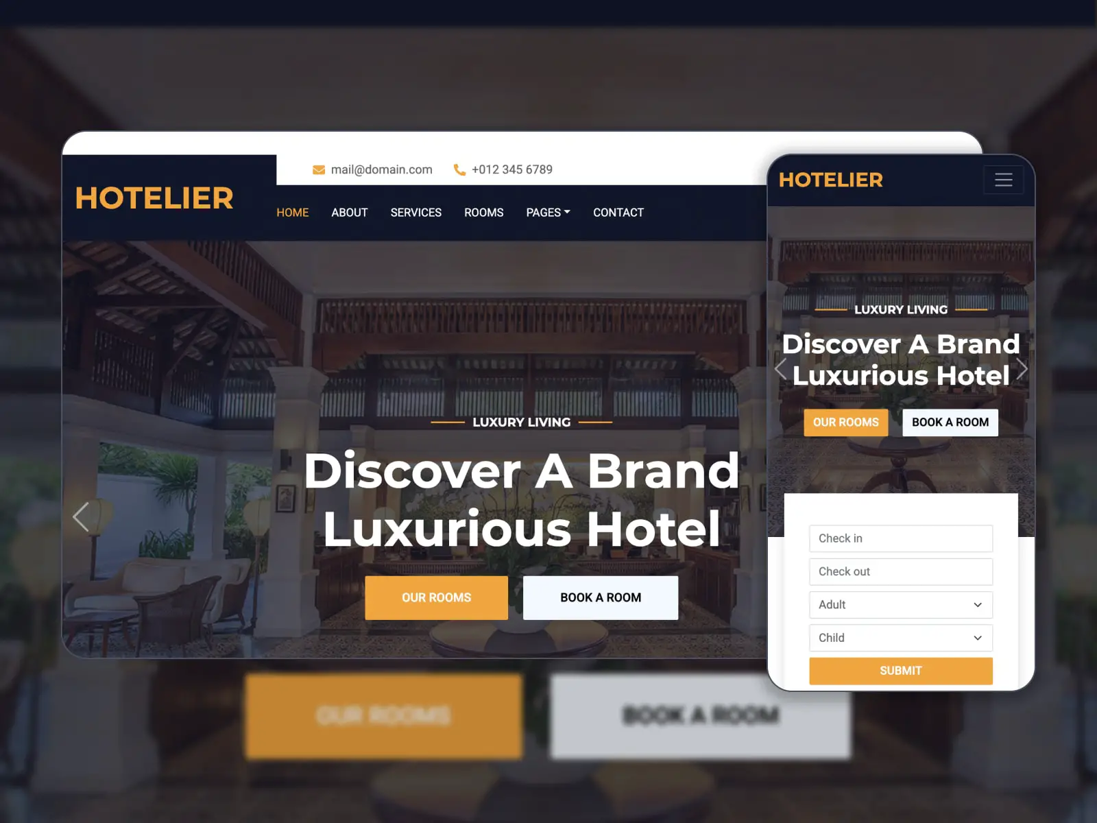 Collage der kostenlosen Hotelier-HTML-Vorlage für Hotel- und Apartment-Websites in den Farben Braun, Orange und Weiß.