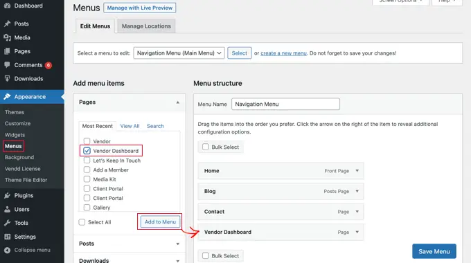 การเพิ่ม Vendor Dashboard ในเมนูการนำทาง