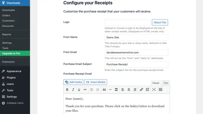 Easy Digital Downloads Setup Configure seus recibos