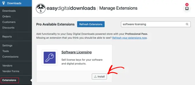 Instalando a extensão de licenciamento do software Easy Digital Downloads