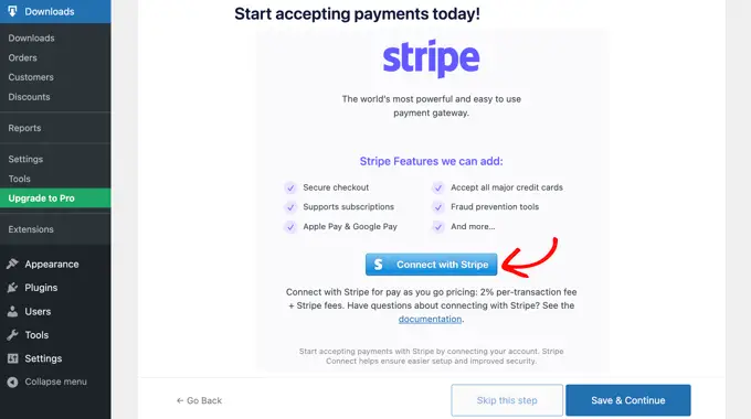 Fácil configuración de descargas digitales Conectar con Stripe