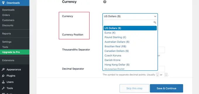 Fácil configuración de descargas digitales Seleccionar moneda