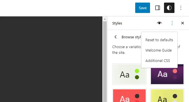 Panel, tempat seseorang dapat menambahkan CSS khusus ke template WordPress 2023 default