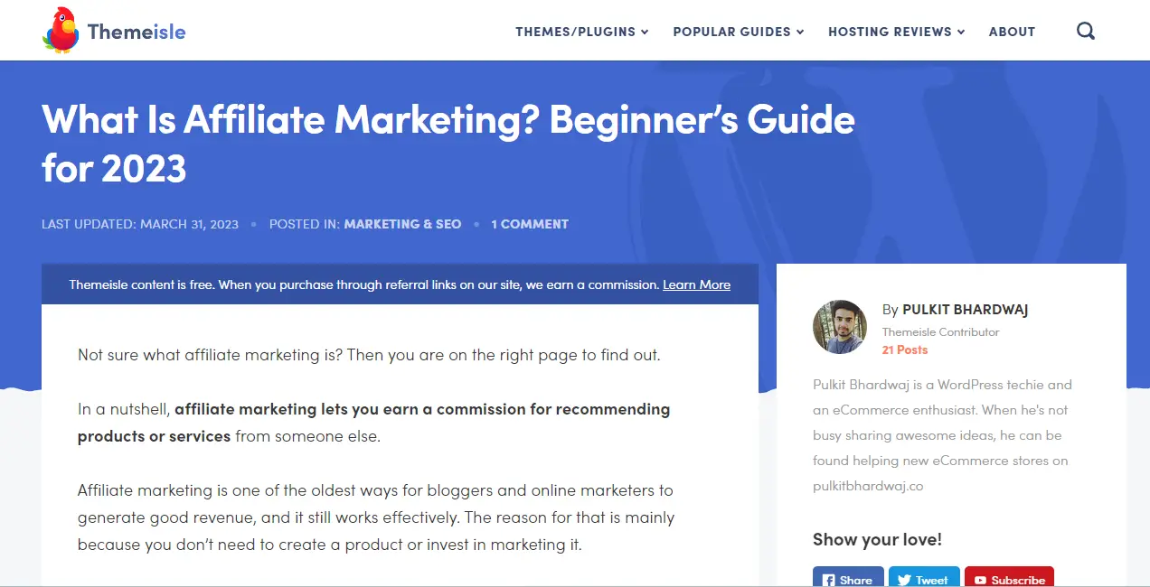 Un guide du marketing d'affiliation, publié sur ThemeIsle.