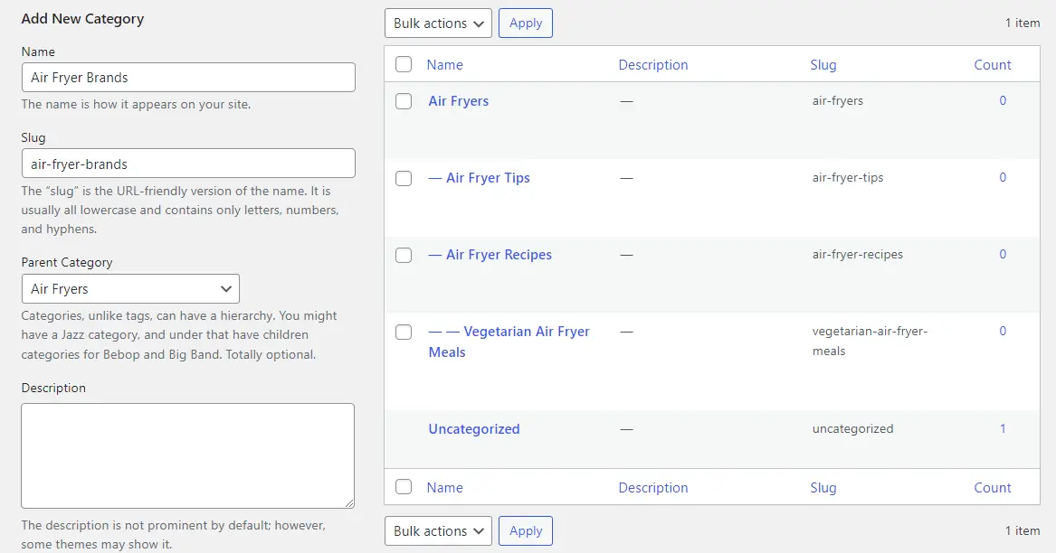 Configuration de la structure du silo : création de catégories dans WordPress.