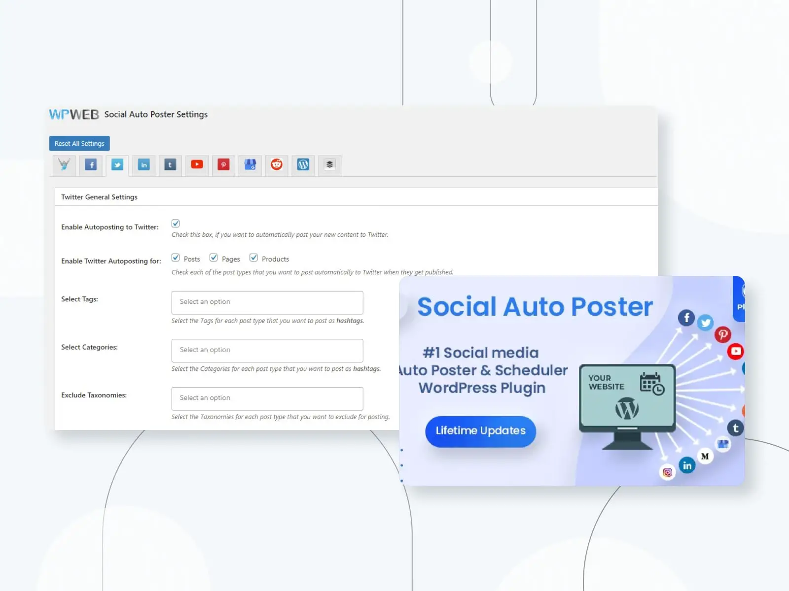 A collage of the social media auto poster plugin features.