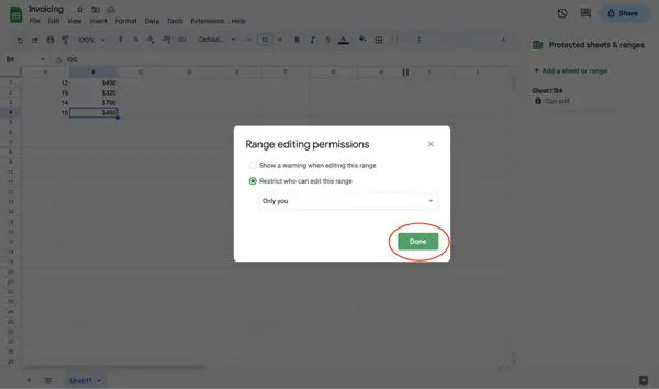 Comment verrouiller des cellules dans Google Sheets, étape 7 : sélectionnez "Terminé".