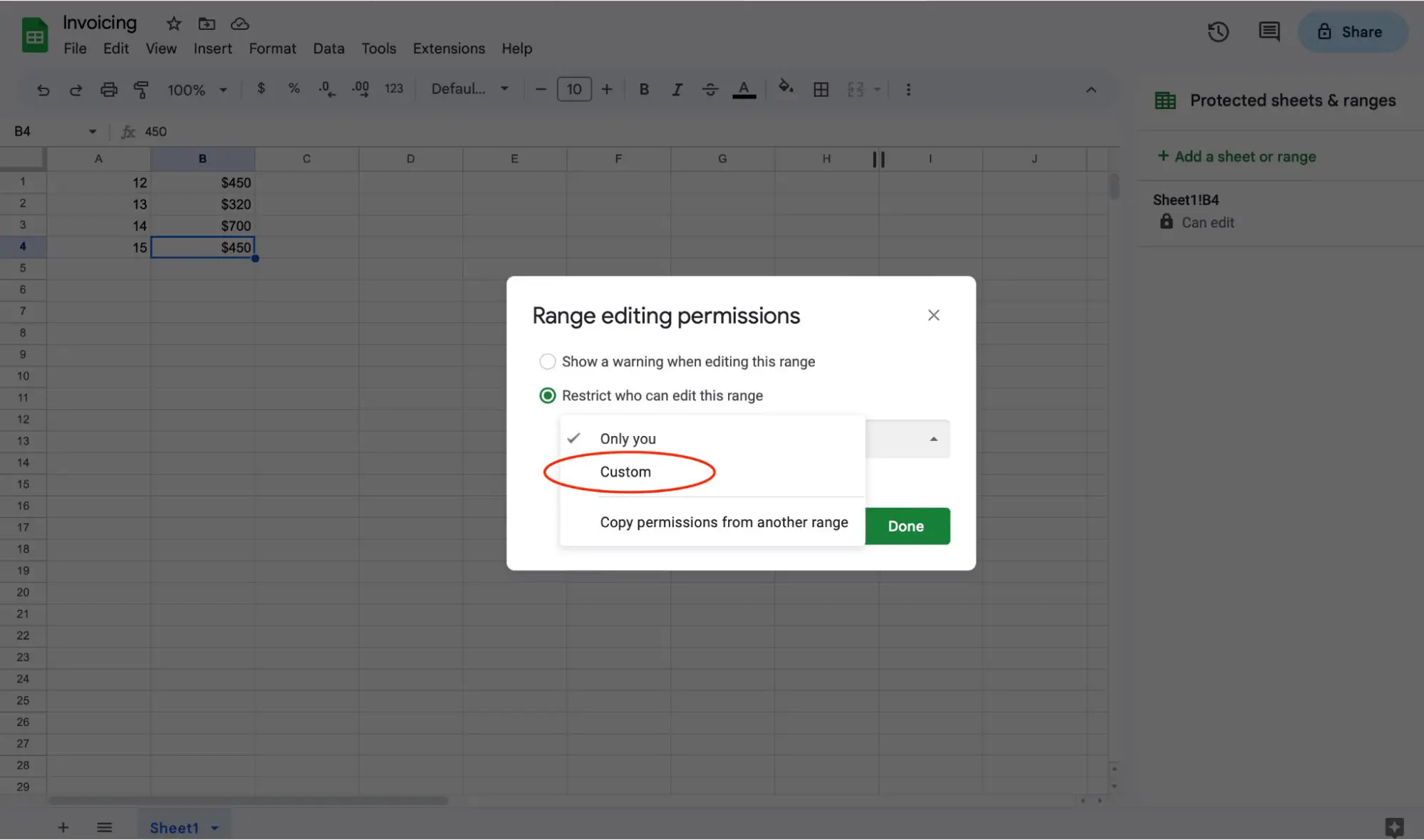 Cara mengunci sel di google sheets, langkah 7: pilih "custom."