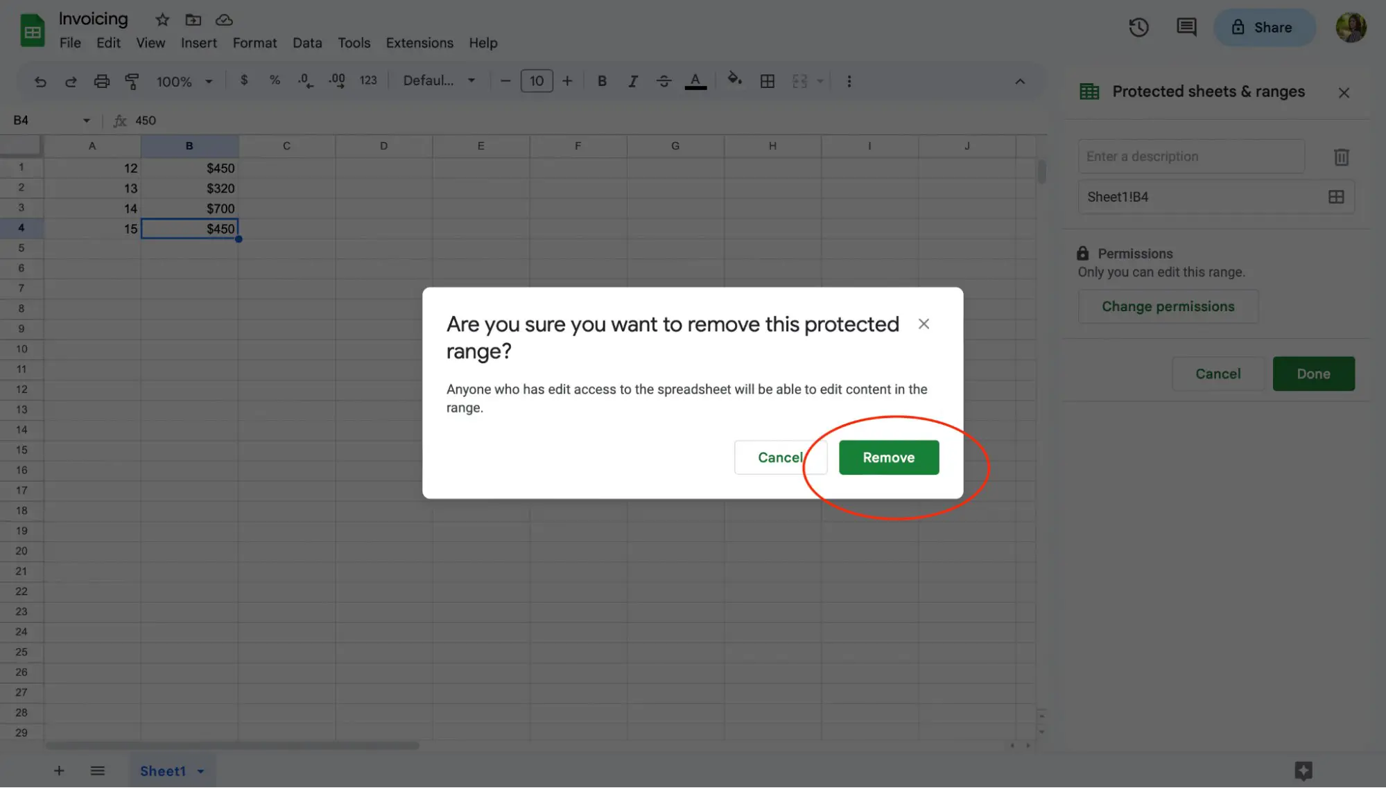 Células protegidas do Google Sheets, como desbloquear células passo 6: selecione "remover".