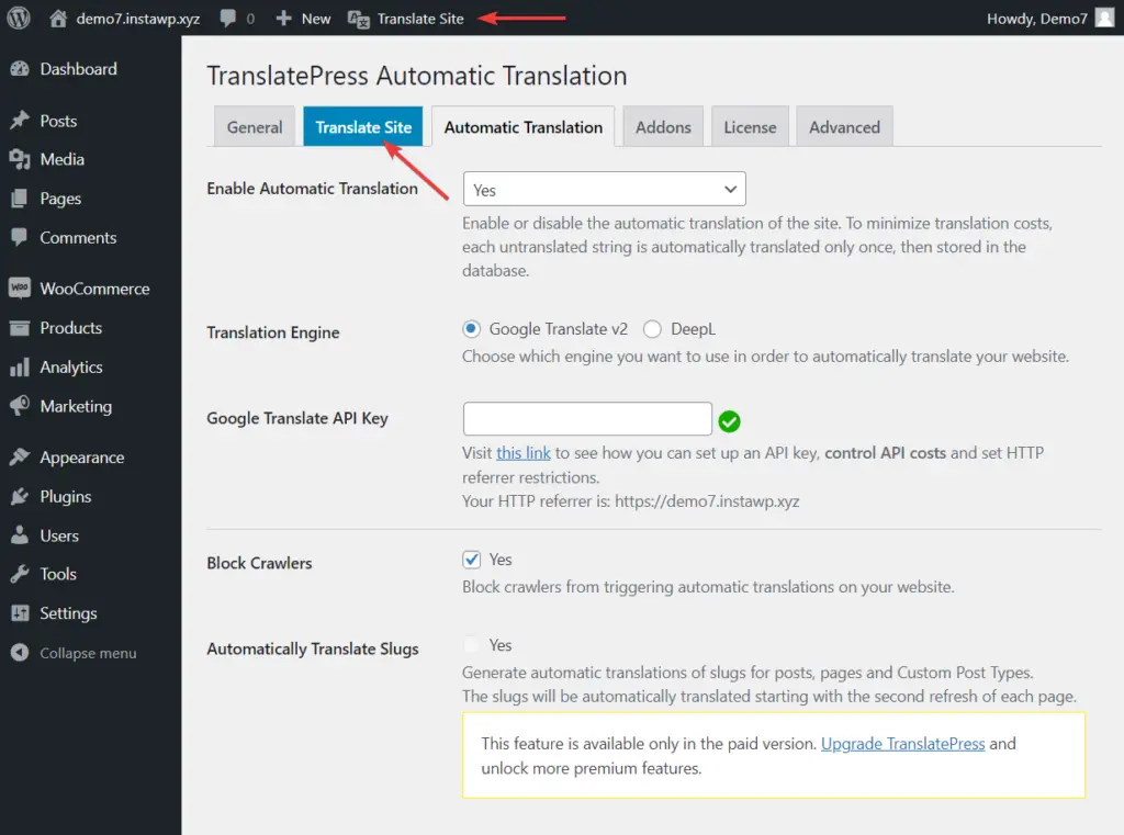 Schaltfläche „Site übersetzen“ in TranslatePress