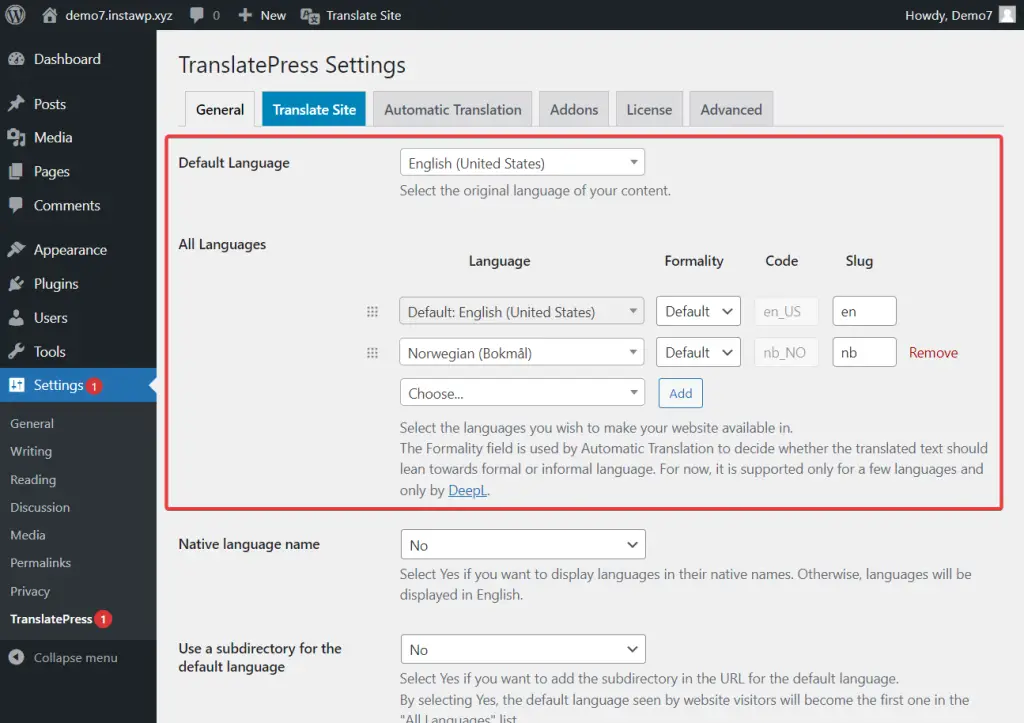 pengaturan bahasa terjemahan di translatepress