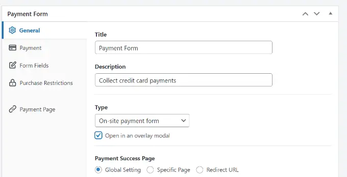 Edit payment form general settings