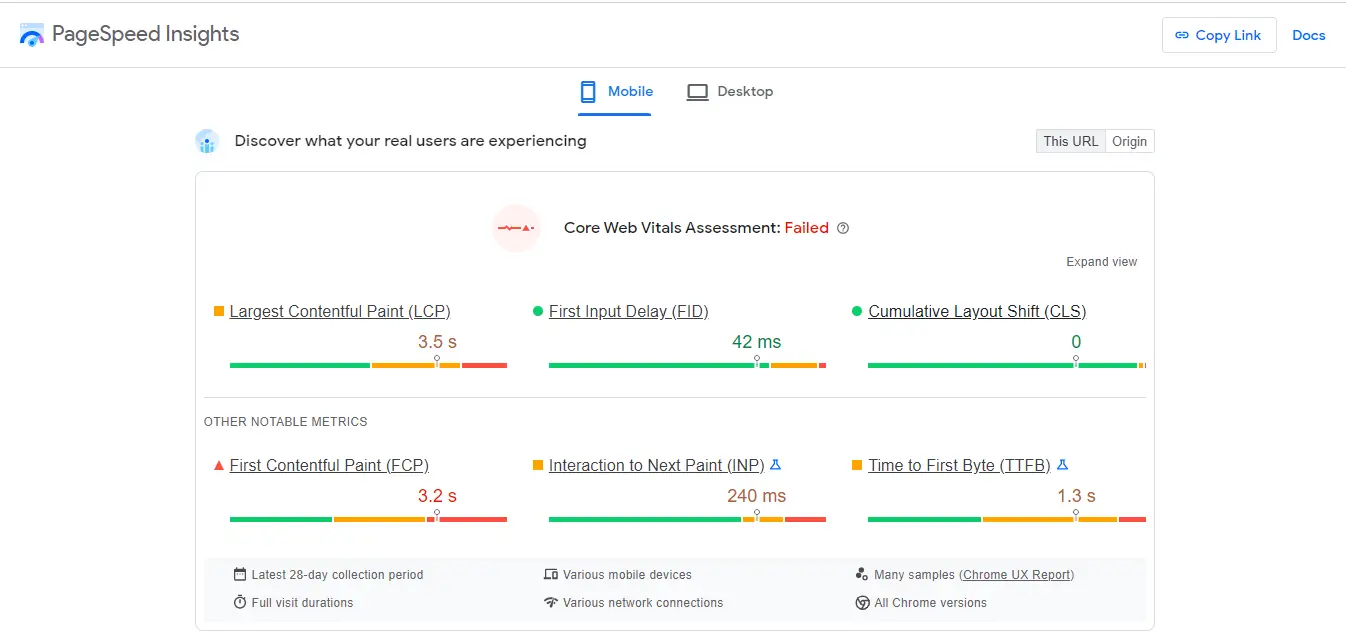 تقييم "أساسيات الويب الأساسية" على PageSpeed ​​Insights.