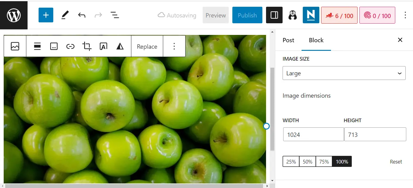 ขนาดรูปภาพใน WordPress Block Editor