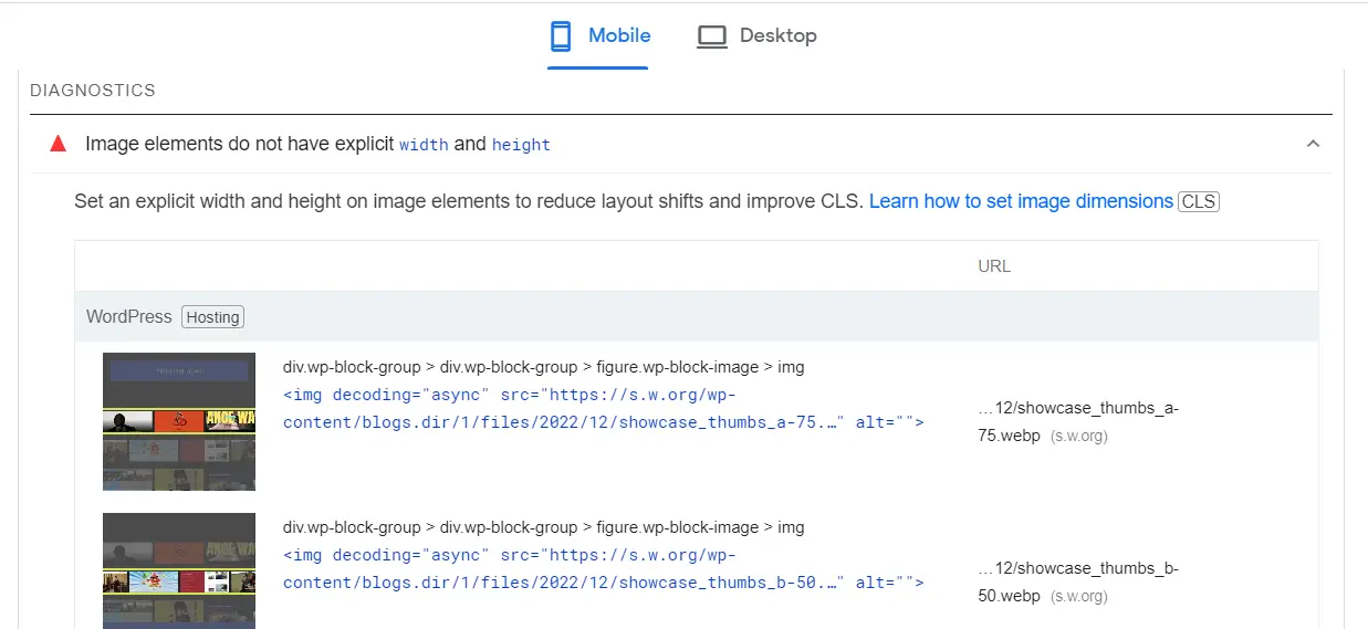 Laporan CLS yang lebih mendetail tentang Wawasan PageSpeed.