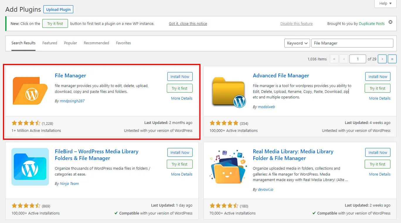 Znalezienie i zainstalowanie wtyczki File Manager w WordPress.