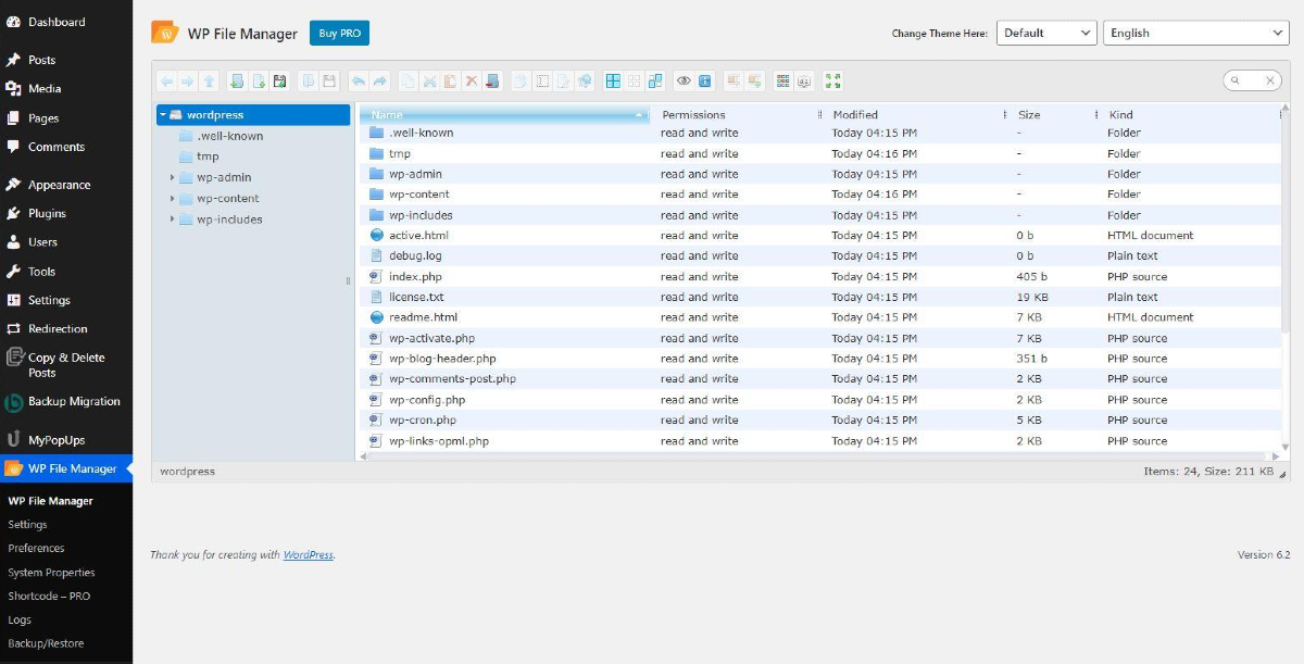 Das Dashboard des Dateimanager-Plugins in WordPress.