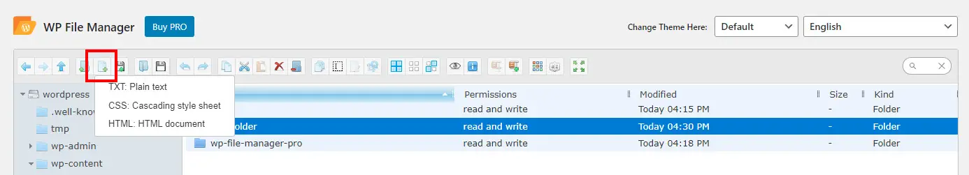 Tworzenie nowego pliku w WP File Manager w WordPress.