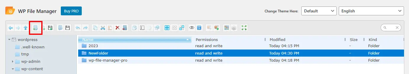 Membuat folder baru di dalam WP File Manager di WordPress.
