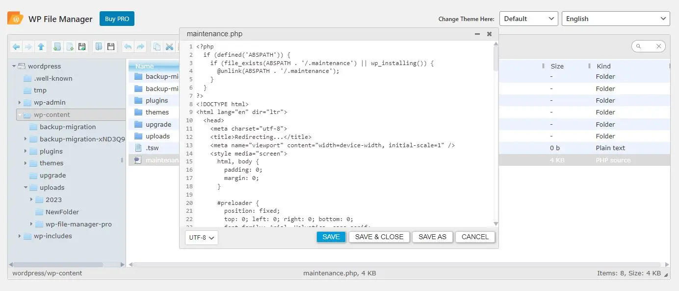 Modifica di un file all'interno dell'interfaccia del plugin WP File Manager.