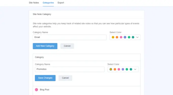 Edit site note categories