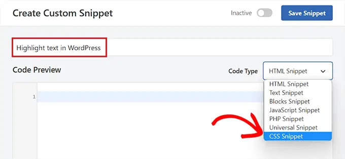 CSS Snippet jako typ kodu do podświetlania tekstu w WordPress
