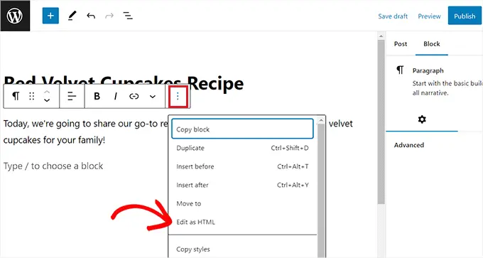 Pilih opsi edit sebagai HTML dari menu tarik-turun Opsi di bilah alat blok