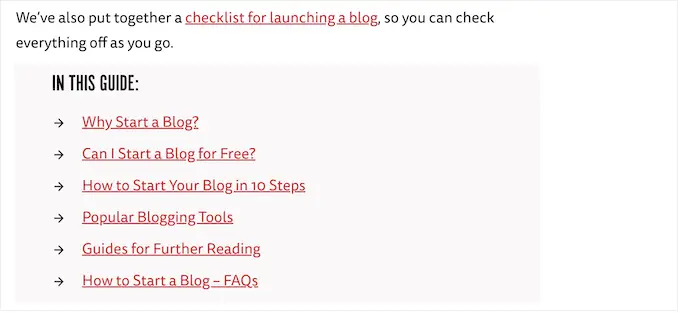 An example of blog's table of contents