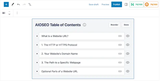 The AIOSEO table of contents block