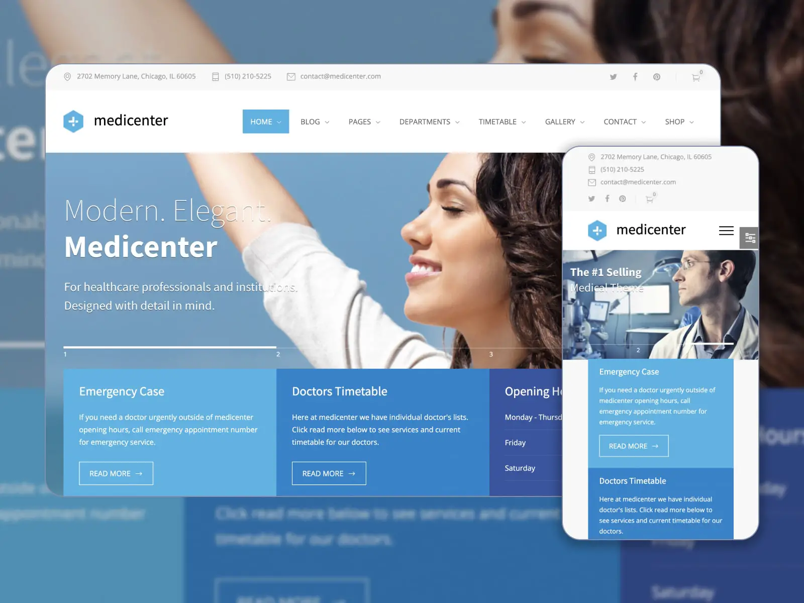 صورة مجمعة لموضوع MediCenter لمواقع WordPress الطبية باللونين الأزرق والأبيض.