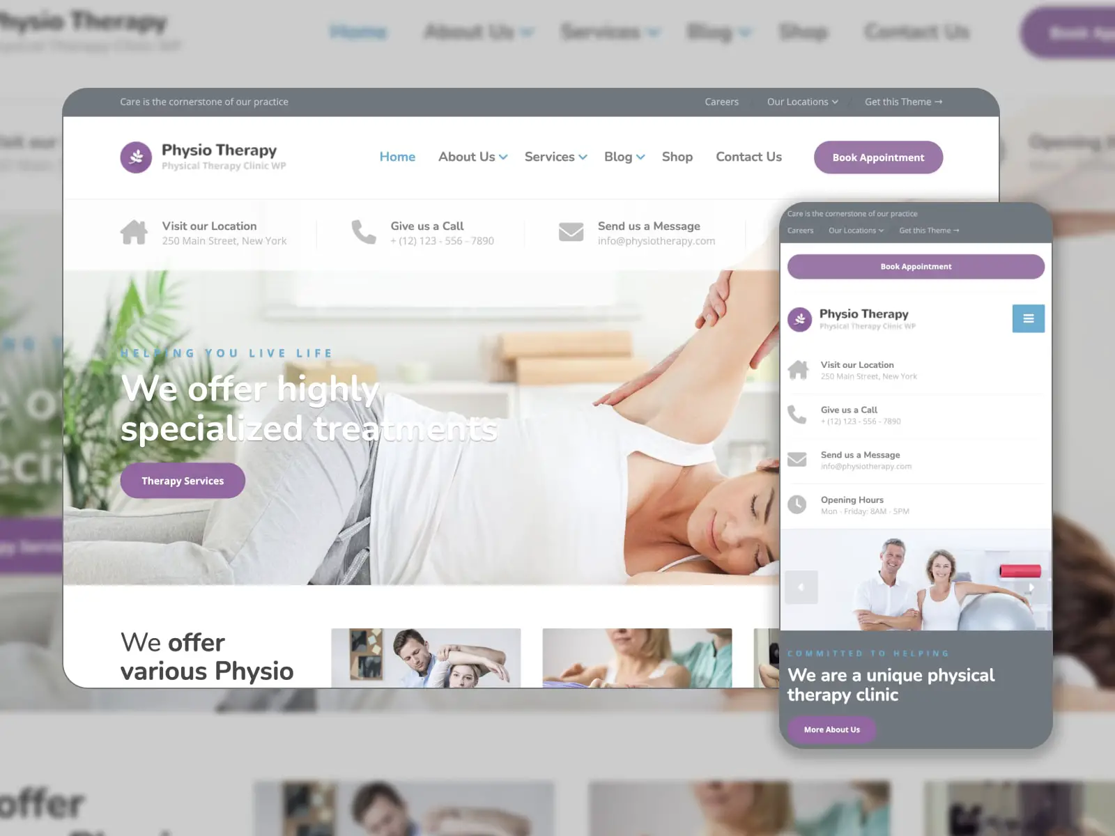 Collage des Physio-Themas für Gesundheitswebsites in den Farben Weiß, Violett und Grau.